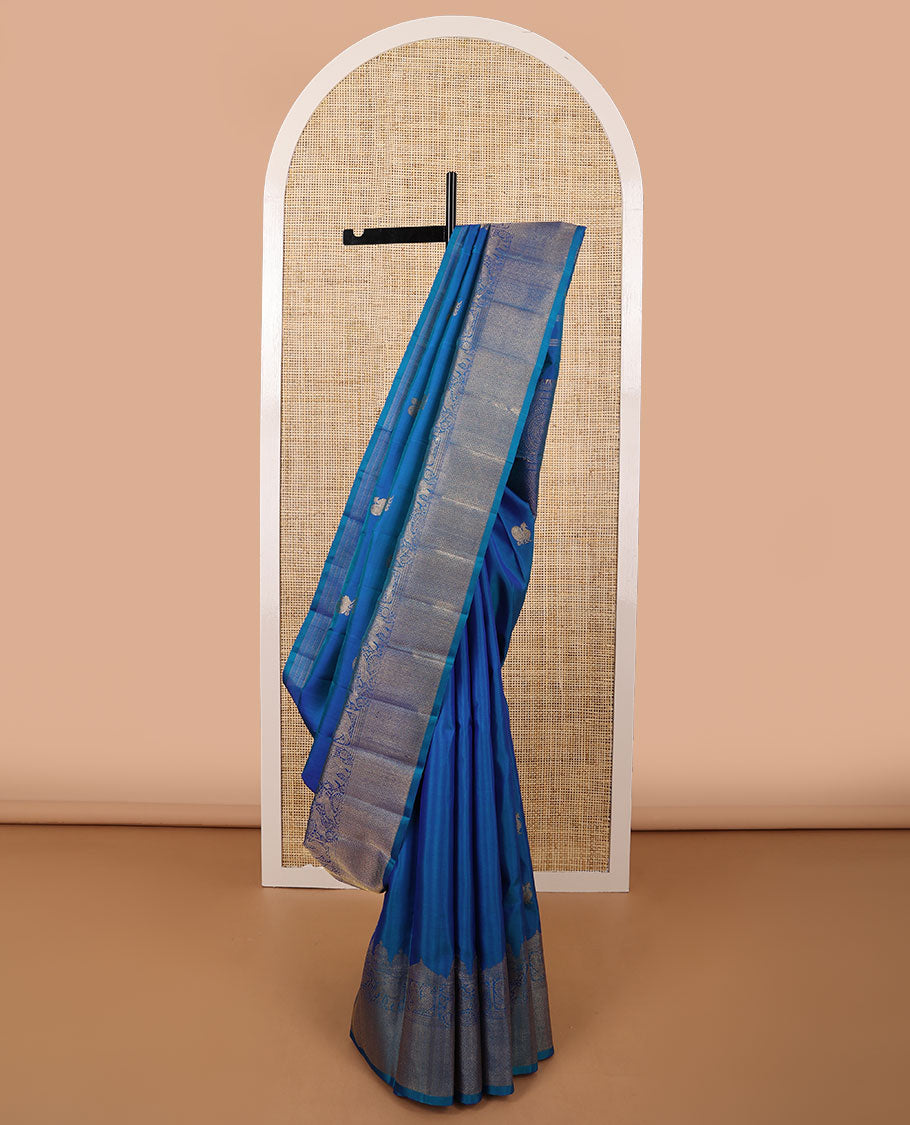 Blue motifs kancheepuran silk saree with self border of yanaai, mayil, Kuthirai, kuyil kann design & zari design pallu