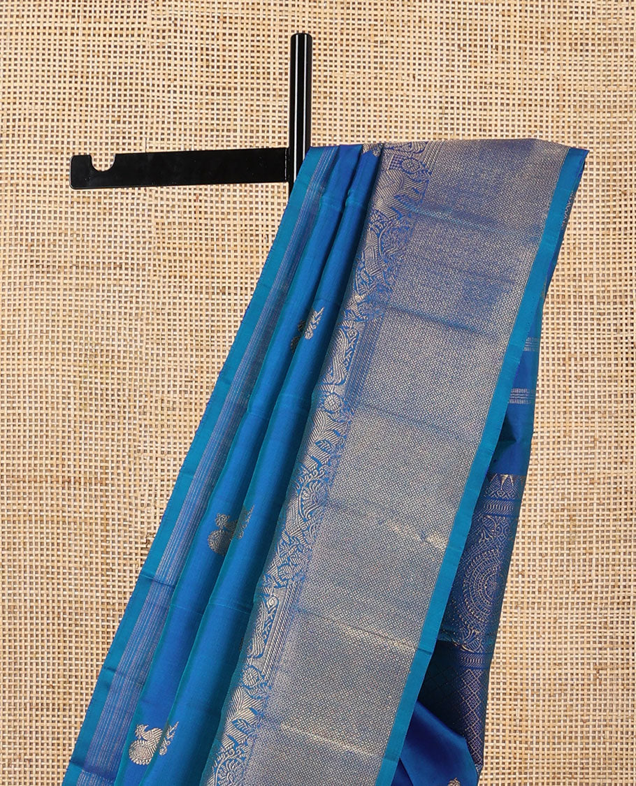 Blue motifs kancheepuran silk saree with self border of yanaai, mayil, Kuthirai, kuyil kann design & zari design pallu