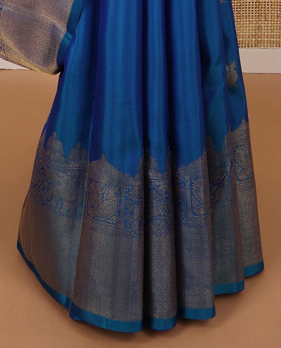 Blue motifs kancheepuran silk saree with self border of yanaai, mayil, Kuthirai, kuyil kann design & zari design pallu
