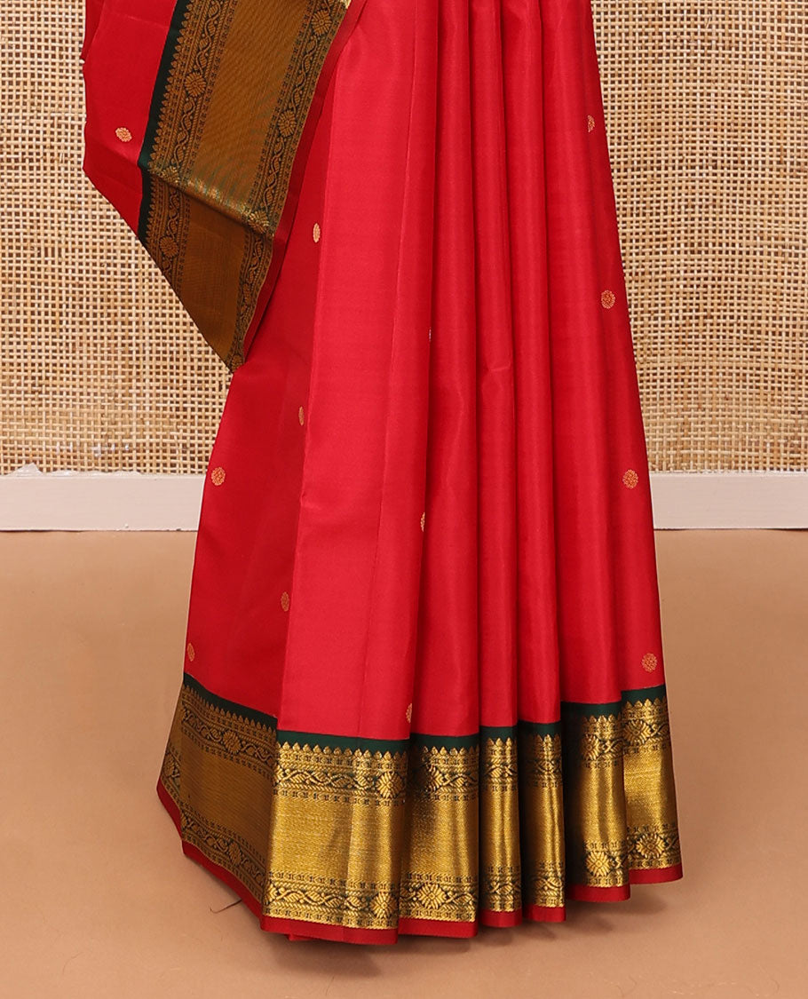 Red zari buttas silk saree, contrast traditional zari design border & jaal pallu