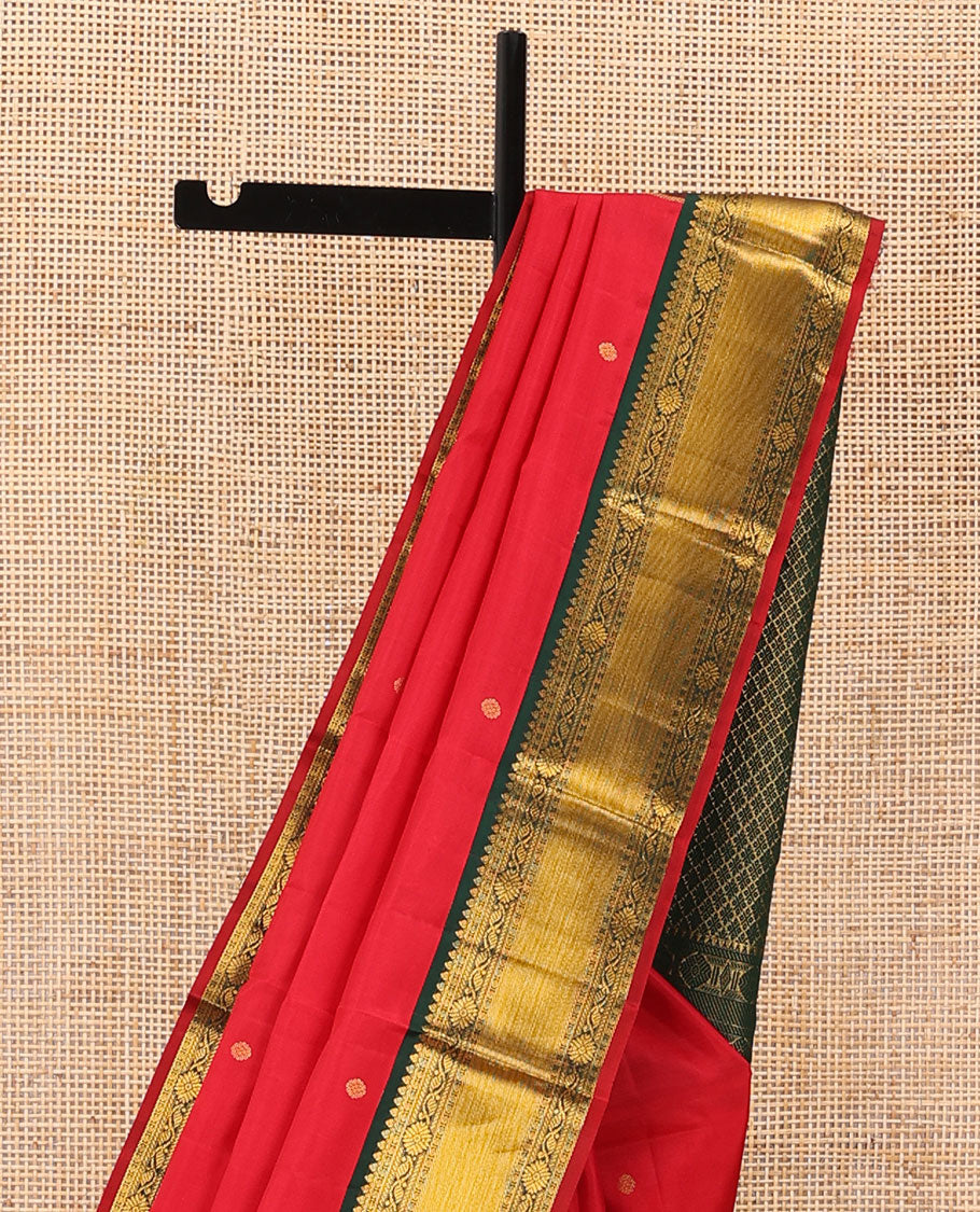 Red zari buttas silk saree, contrast traditional zari design border & jaal pallu