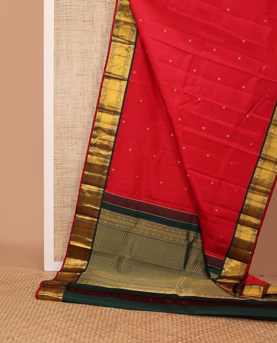 Red zari buttas silk saree, contrast traditional zari design border & jaal pallu
