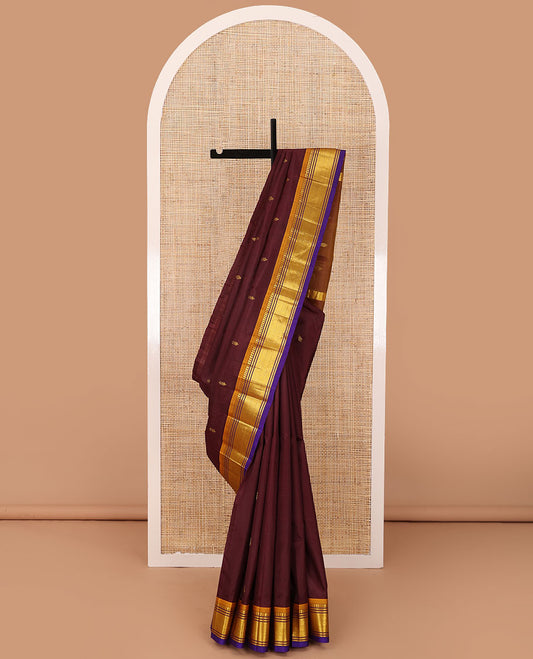 Maroon zari buttas woven Kanchipuram silk saree, contrast one-sided border of panner sombu,banaras & jaal designs & zari woven pallu