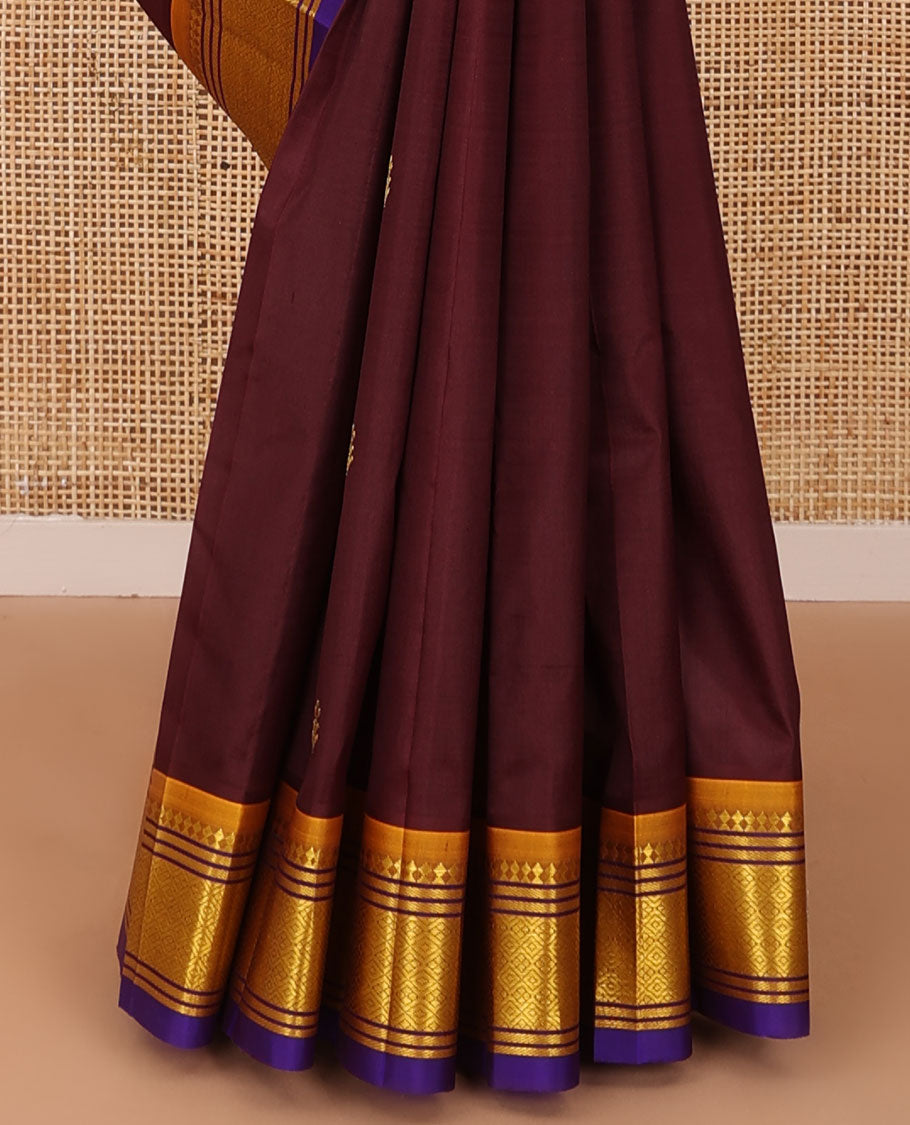 Maroon zari buttas woven Kanchipuram silk saree, contrast one-sided border of panner sombu,banaras & jaal designs & zari woven pallu