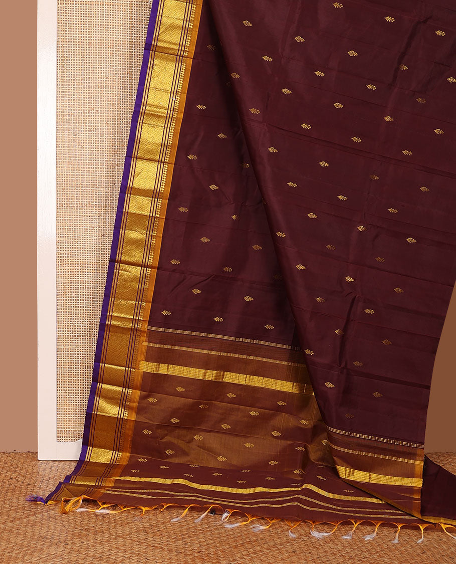 Maroon zari buttas woven Kanchipuram silk saree, contrast one-sided border of panner sombu,banaras & jaal designs & zari woven pallu