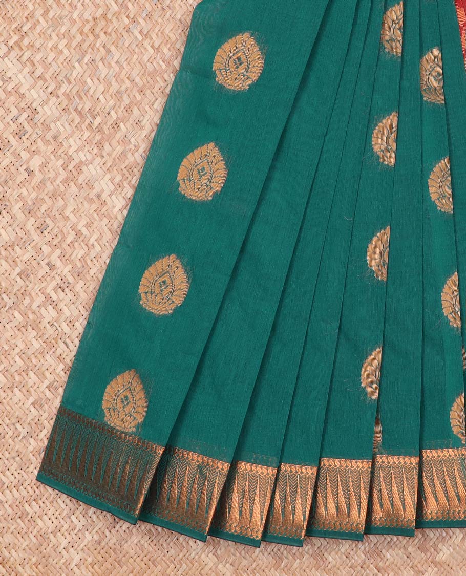 Green motifs kora cotton saree with contrast temple border & intricate zari design pallu