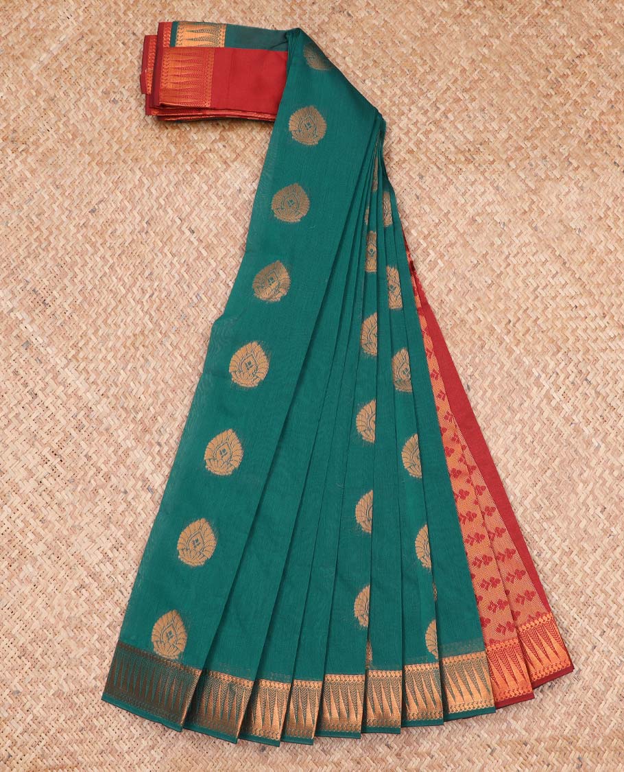Green motifs kora cotton saree with contrast temple border & intricate zari design pallu