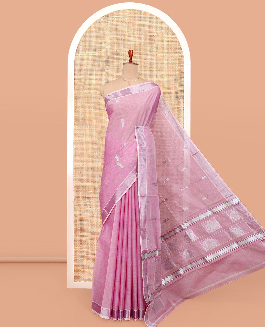 Pink Kerala Cotton Saree, Highlighted by Buttas All Over Its Body, a Zari Bavanji Border, Pallu of Intricate Designs, and Paired with a Matching Blouse