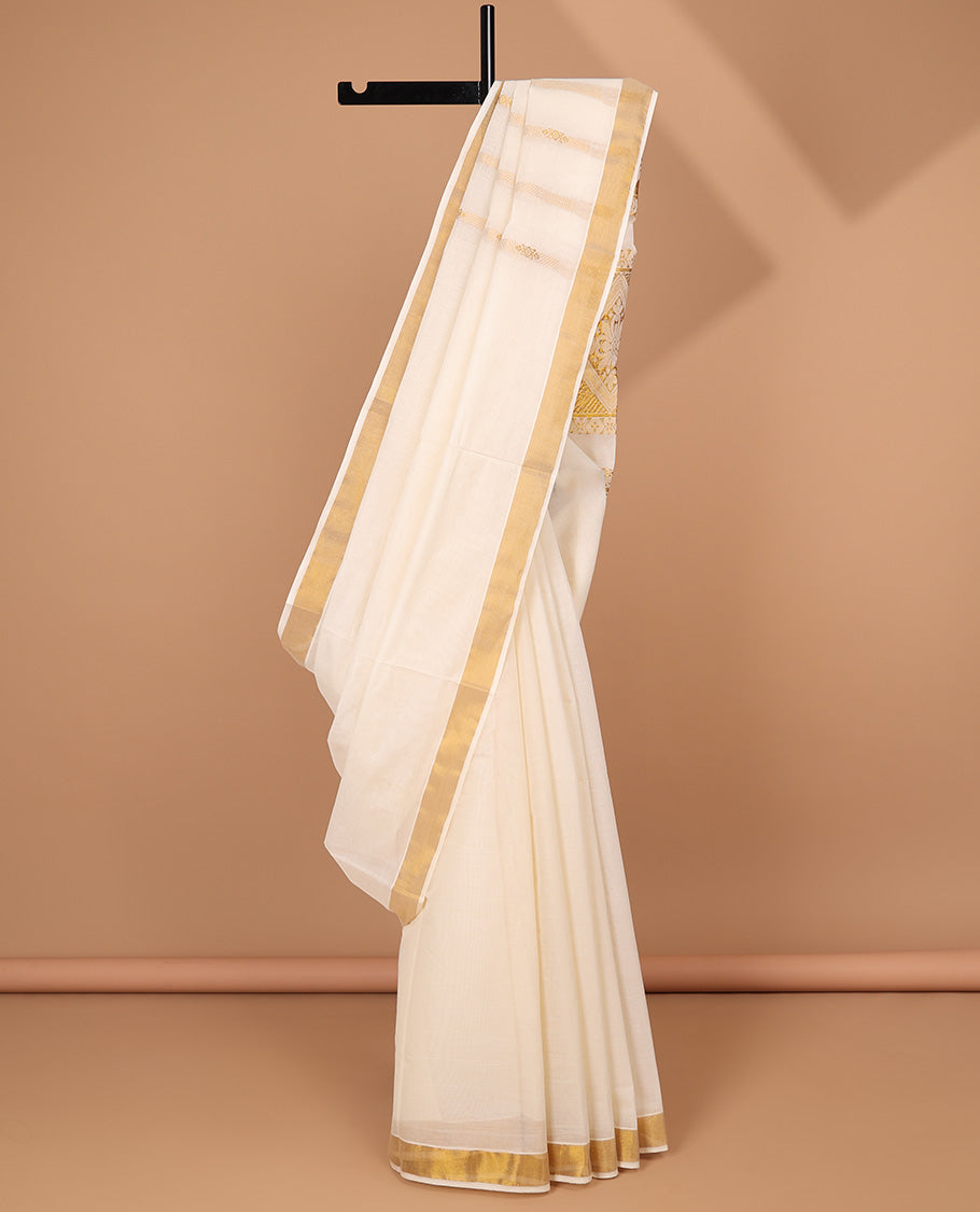 Cream kerala saree with zari stripes, zari border & pallu of intricate designs