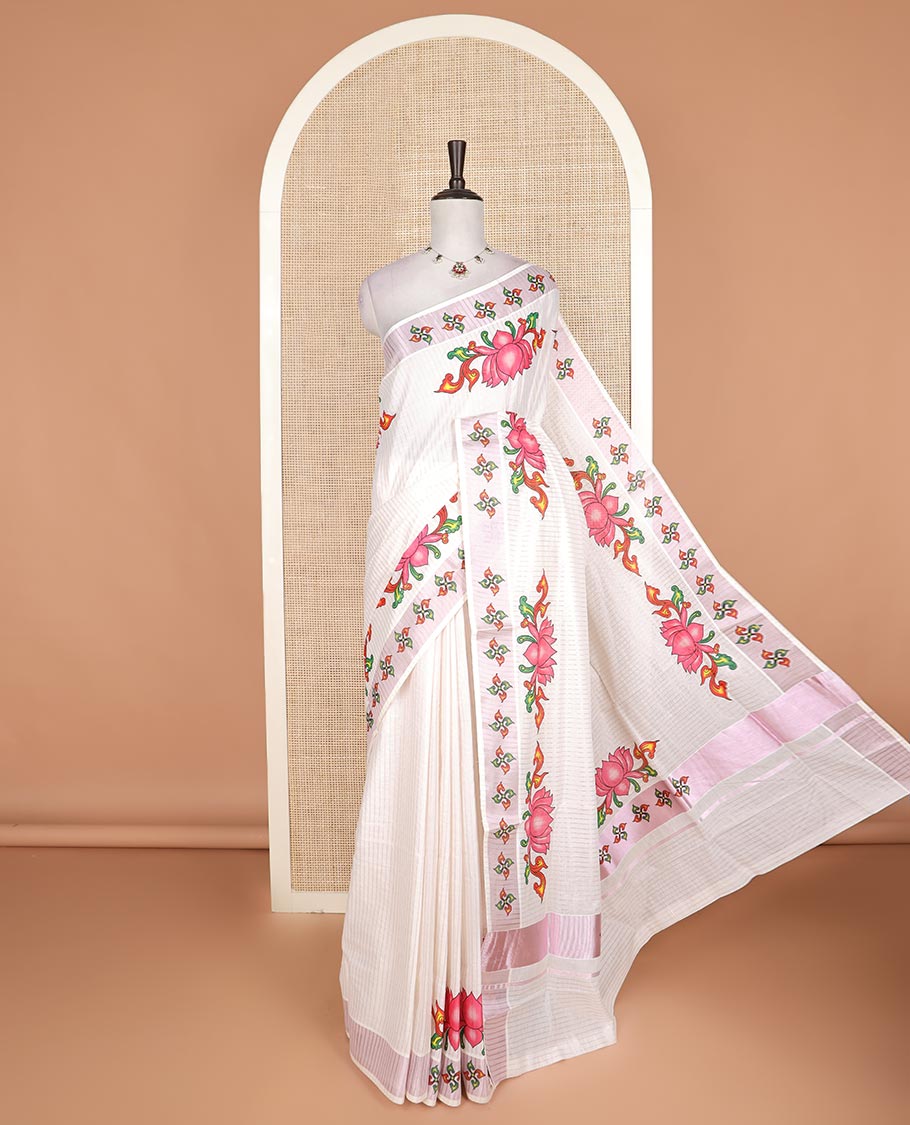 Cream striped with lotus motifs printed Kerala cotton saree, unique printed border, and lotus motifs printed pallu