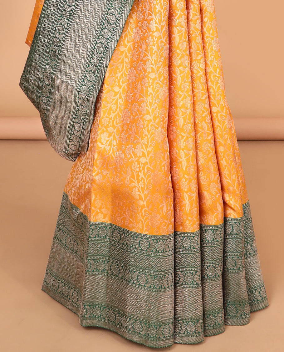 Orange floral jacquard samudrika silk saree with contrast korvai border of banaras, muthu, kathir design & zari design pallu