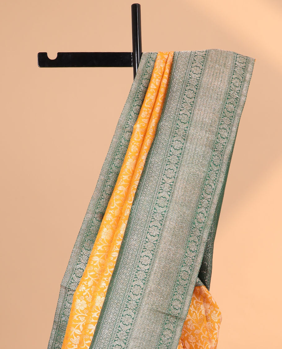 Orange floral jacquard samudrika silk saree with contrast korvai border of banaras, muthu, kathir design & zari design pallu
