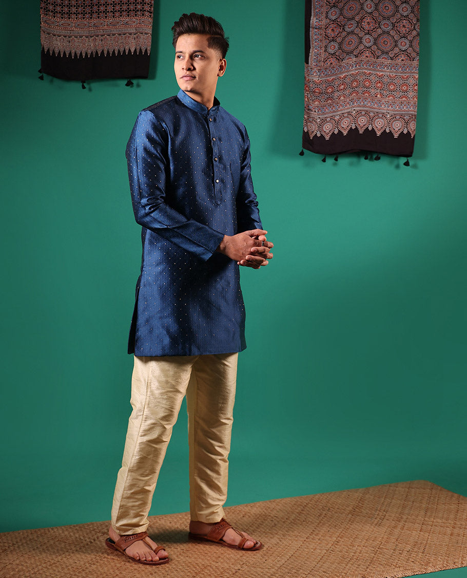 Blue unique patterns embossed with glitter dotted full-sleeved men's kurta