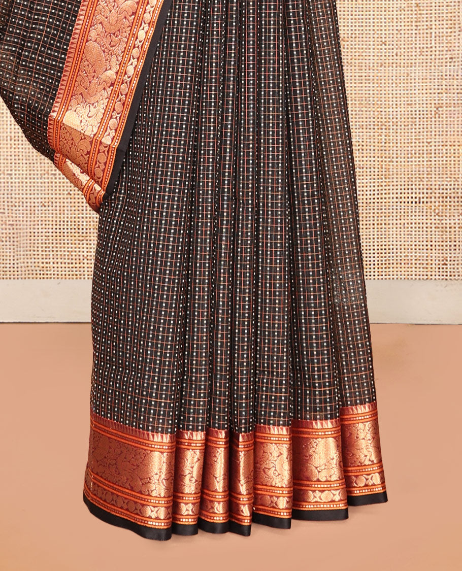 Black Buttas Enclosed Checked Kuppadam Silk Saree, a Contrast Peacock Border, Grand Pallu, a Matching Blouse