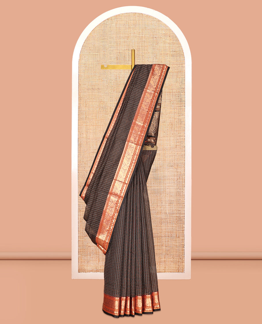 Black Buttas Enclosed Checked Kuppadam Silk Saree, a Contrast Peacock Border, Grand Pallu, a Matching Blouse