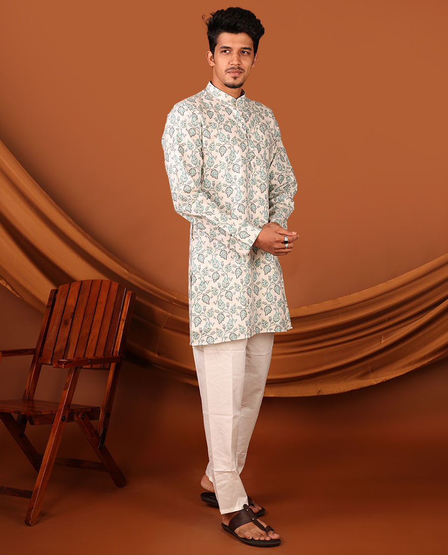 Off-White-Green Leaf Vine Printed Full-Sleeved Men's Kurta Set