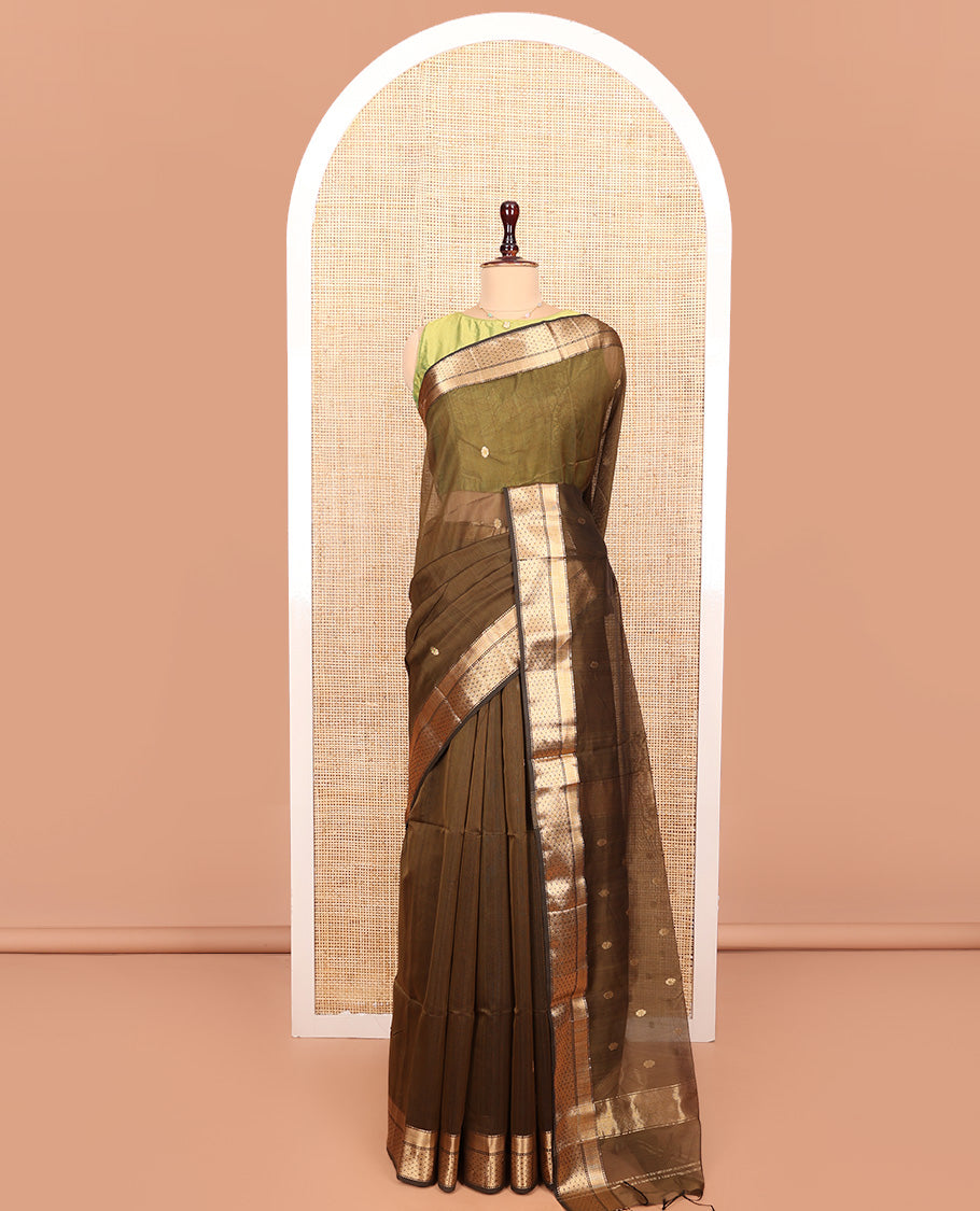 Green Maheshwari Cotton Saree, Decorated with Buttas All Over Its Body, Highlighted by a Zari Traditional Design Border, Pallu Steeped with Buttas, and Paired with a Matching Blouse