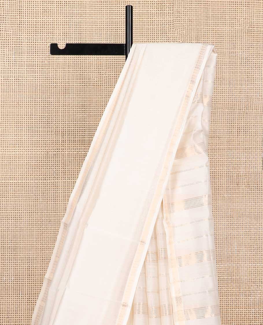 Cream maheswari cotton saree with self zari design border & striped pallu