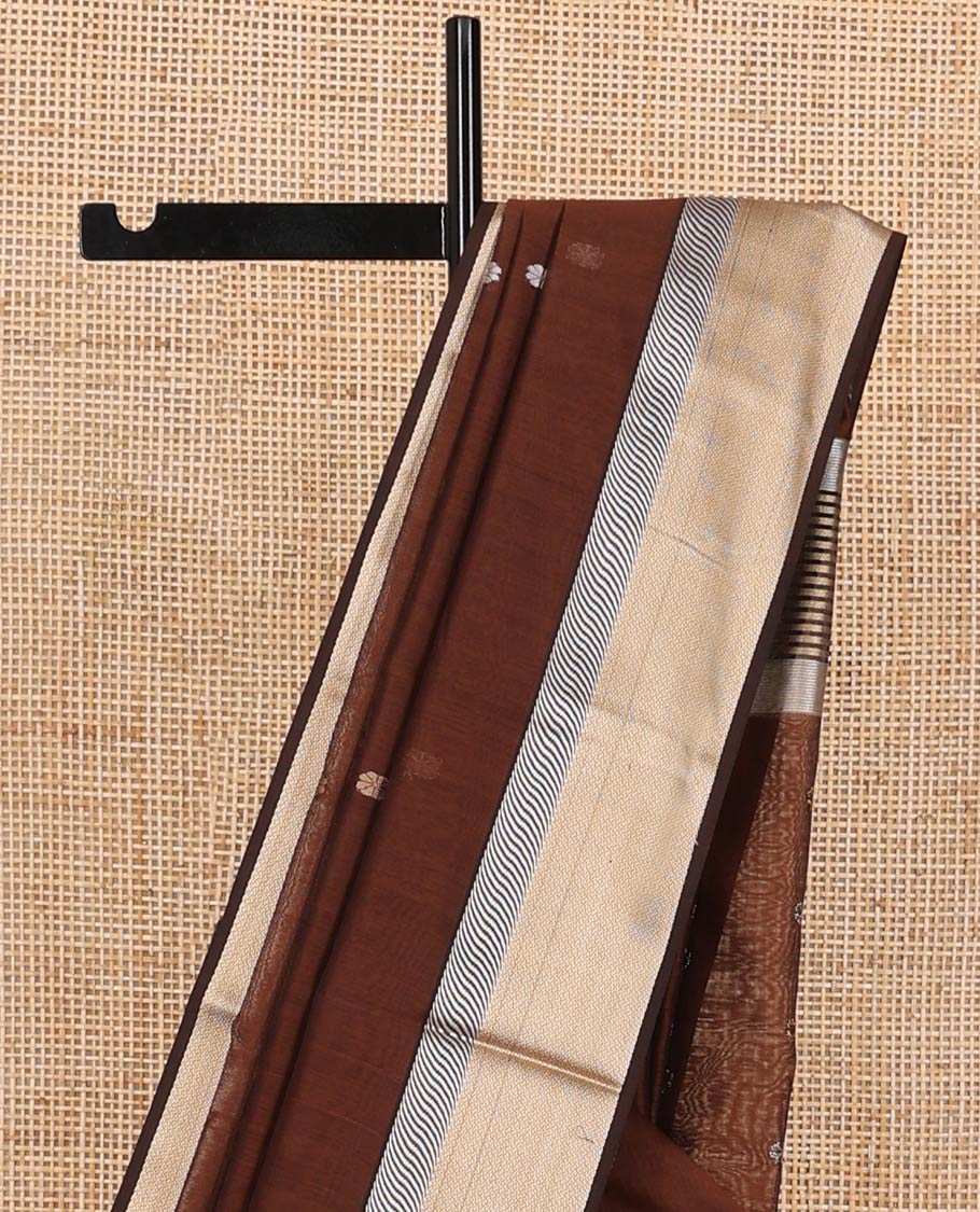 Brown floral motifs maheshwari cotton saree with self zari design border & striped, motifs pallu