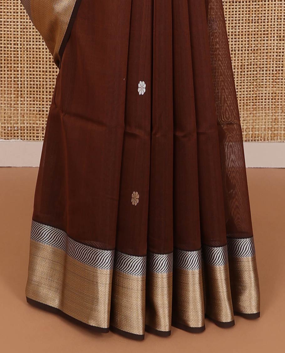 Brown floral motifs maheshwari cotton saree with self zari design border & striped, motifs pallu