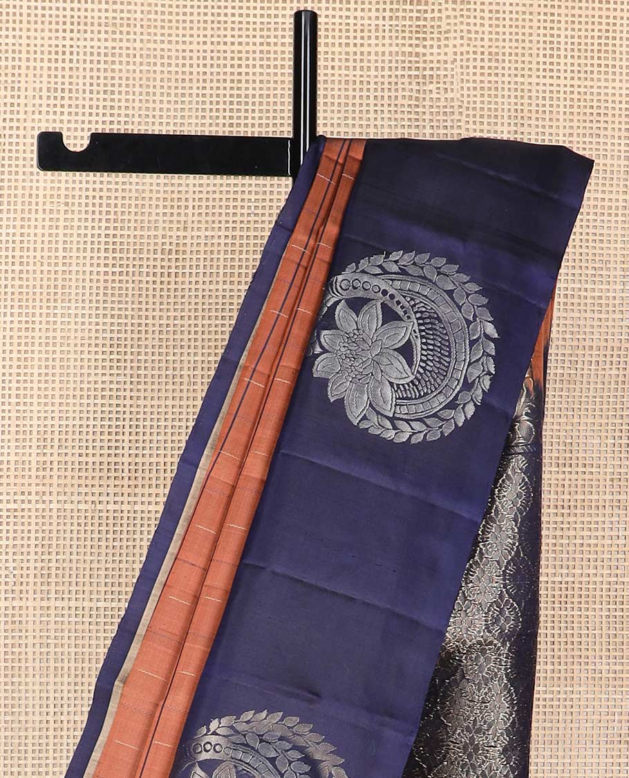 Brown checked mayuri soft silk saree with contrast zari design & ogee design pallu