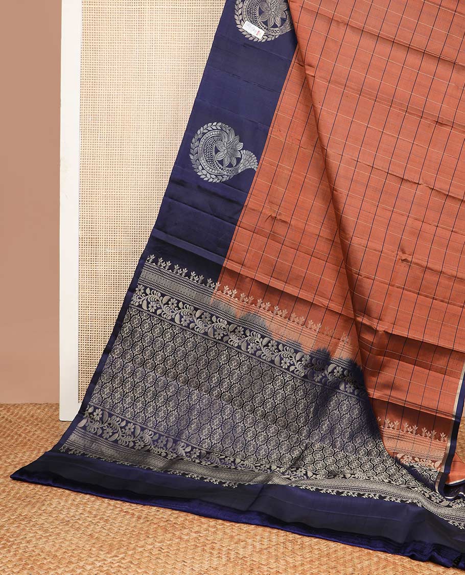 Brown checked mayuri soft silk saree with contrast zari design & ogee design pallu