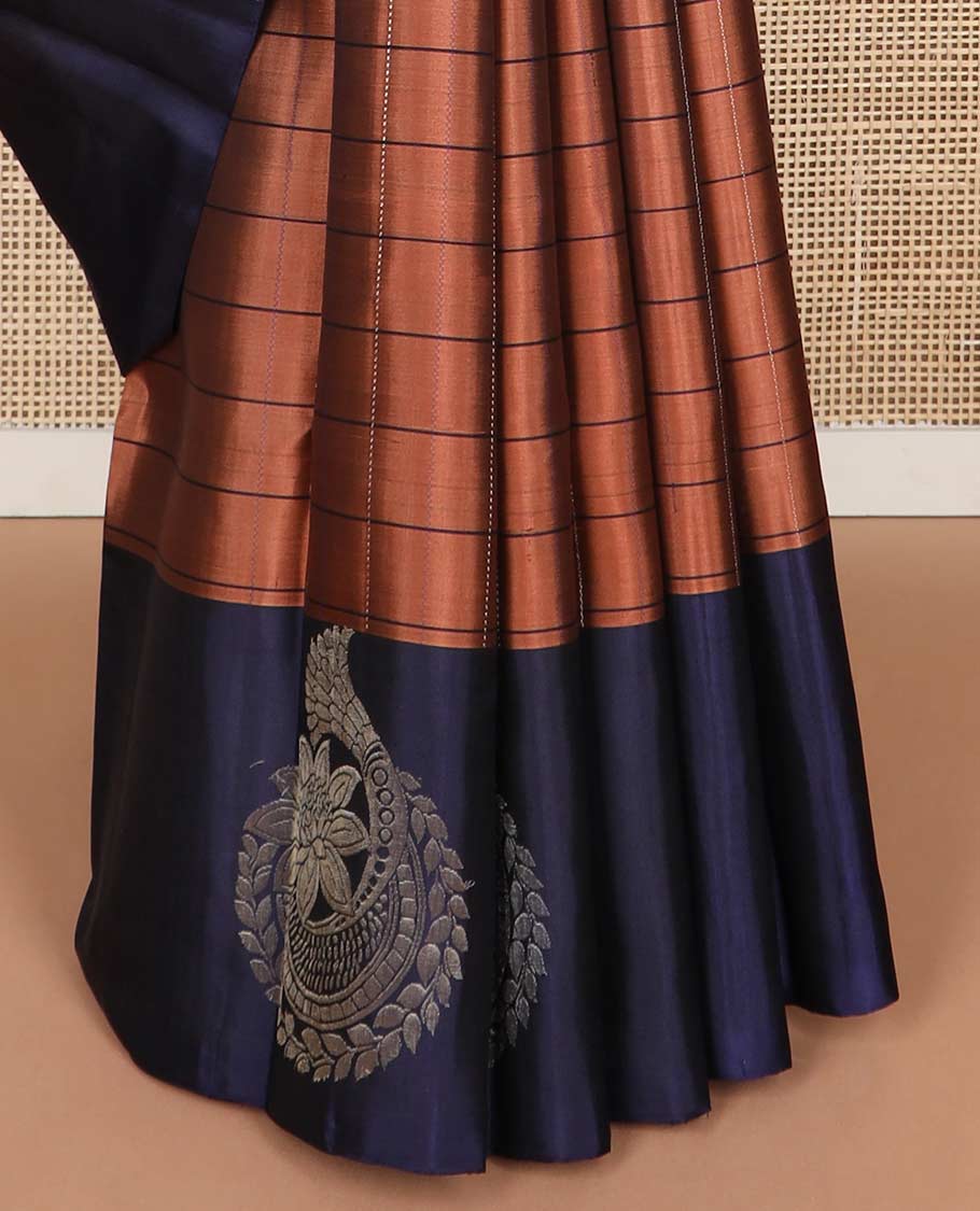 Brown checked mayuri soft silk saree with contrast zari design & ogee design pallu