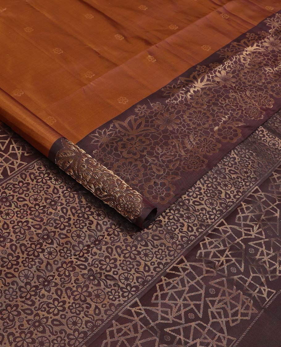 Brown flower buttas soft silk saree, contrast border and pallu with zari woven floral and butterfly motifs