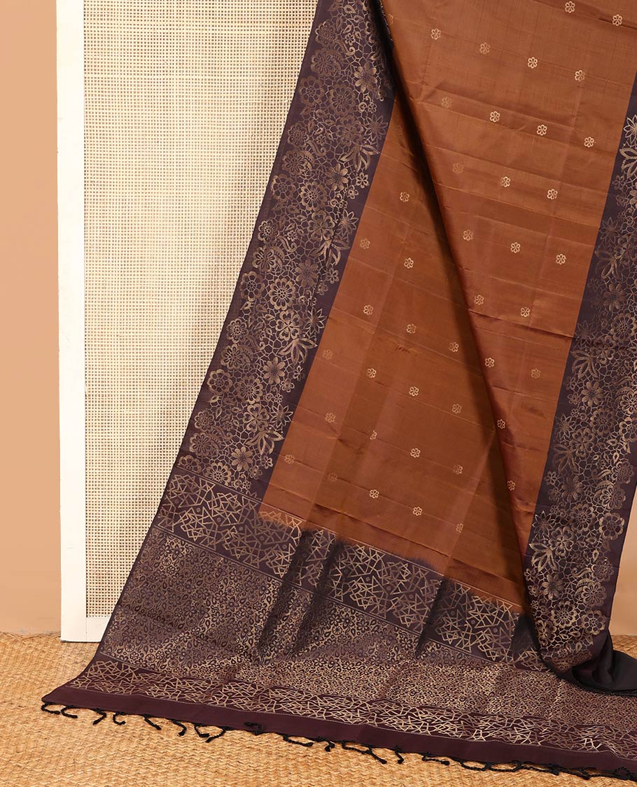 Brown flower buttas soft silk saree, contrast border and pallu with zari woven floral and butterfly motifs