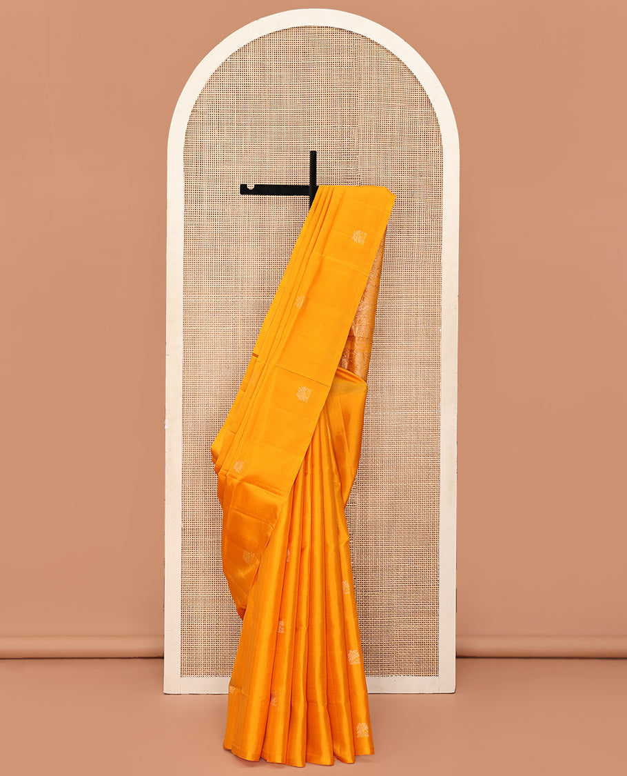 Borderless Orange Mayuri Soft Silk Saree, Sparsely Sparkled with Home Motifs All Over Its Body, Sparsely Woven Pallu of Unique Patterns, and Paired with a Matching Blouse
