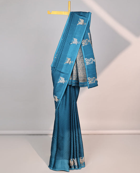 Blue striped mushru silk saree with animal motifs border & intricate jaal design pallu
