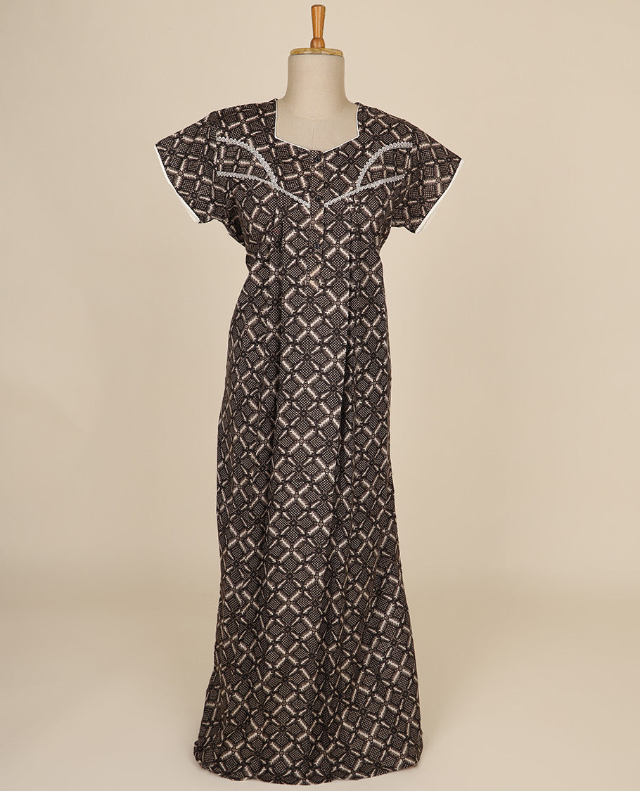 Multi-color geometric design printed & square neck, with lace cotton half sleeve nighty