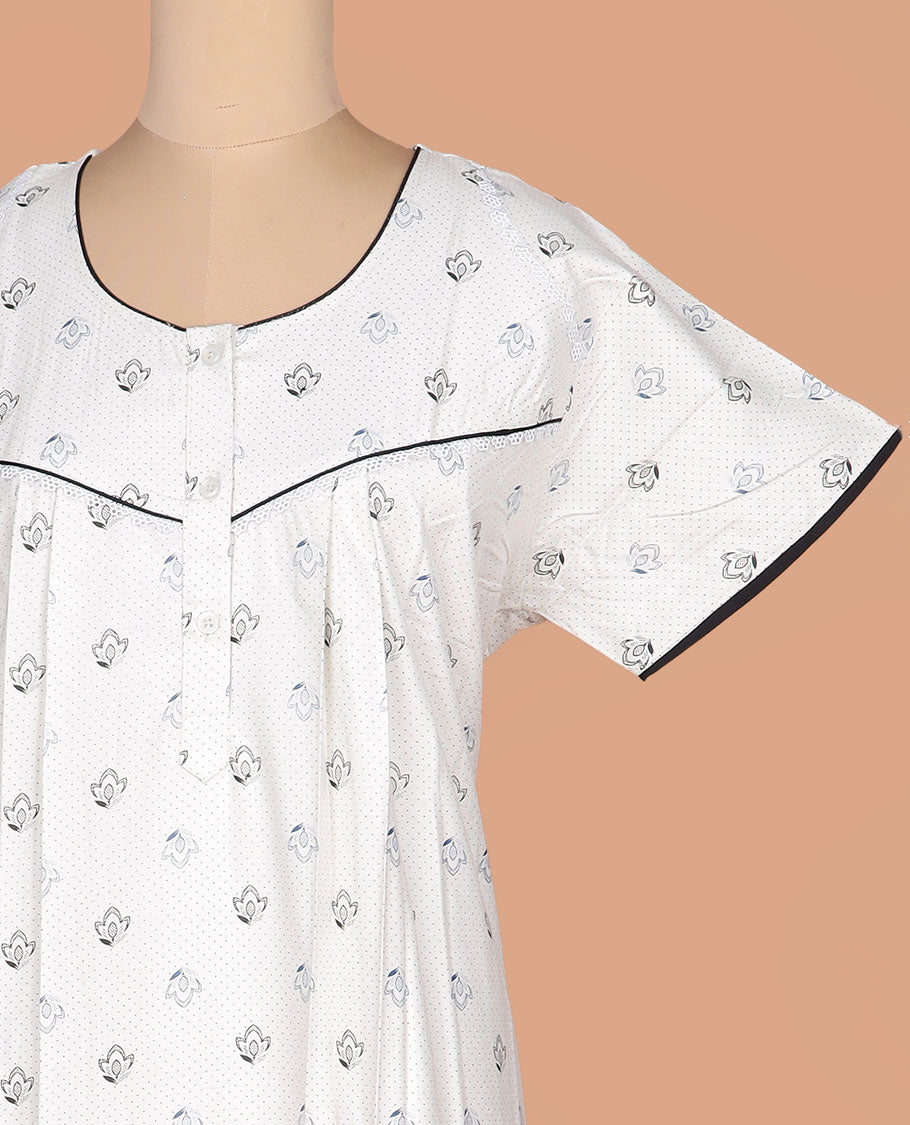 Cream floral and polka dots printed round necked half-sleeve nighty