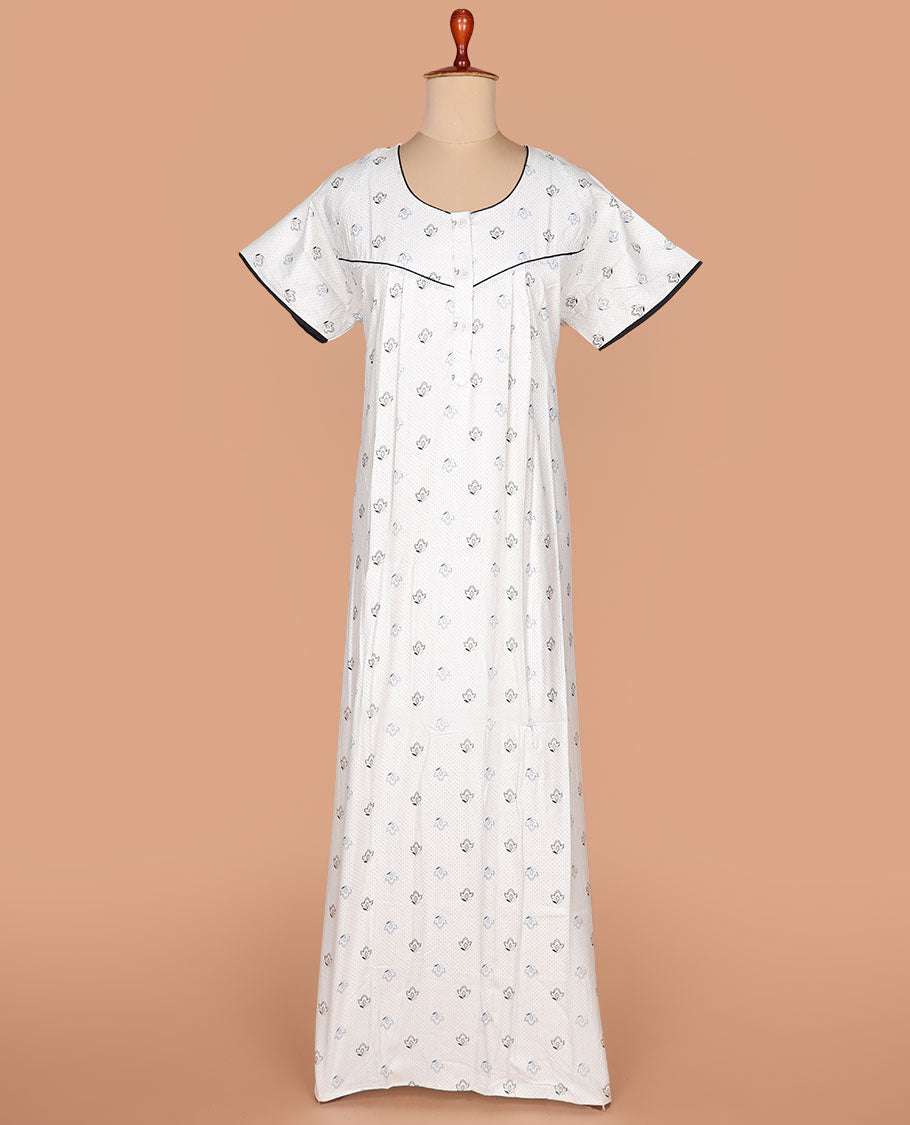 Cream floral and polka dots printed round necked half-sleeve nighty