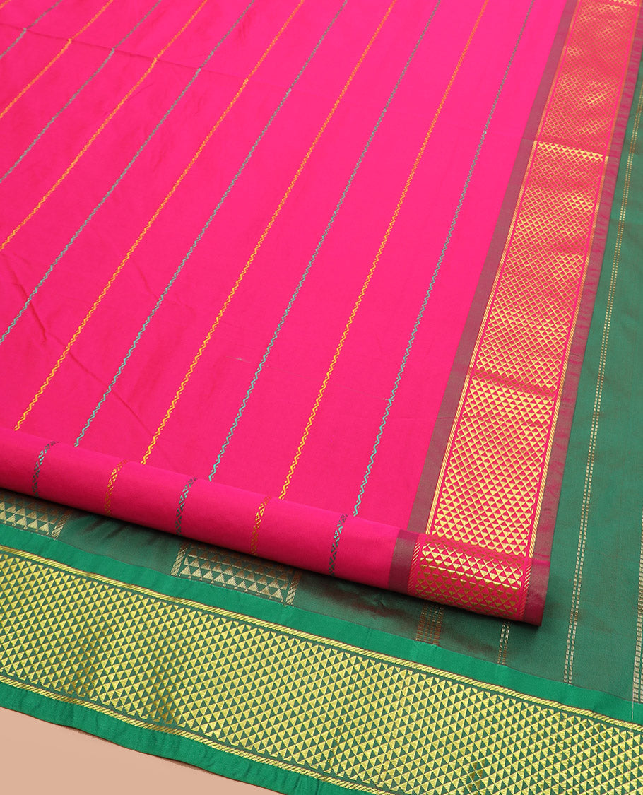 Rani Pink Ten-Yard Art Silk Saree Prettified with Neli Stripes, Complemented by a Contrast Traditional Ara Maadam Border, and Pallu Elevated with Zari Designs