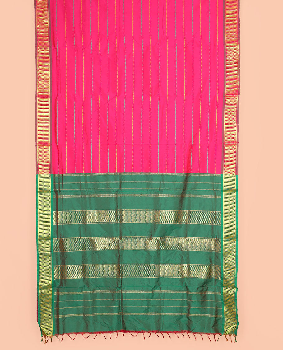 Rani Pink Ten-Yard Art Silk Saree Prettified with Neli Stripes, Complemented by a Contrast Traditional Ara Maadam Border, and Pallu Elevated with Zari Designs