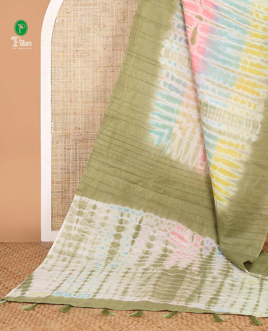 Borderless Olive green shibori printed Banswara Jute saree with printed pallu & contrast blouse