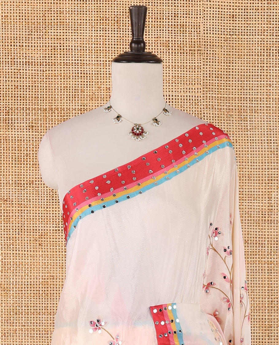 Cream floral printed, mirror work masakali saree with printed, mirror work border & printed pallu along with plain blouse