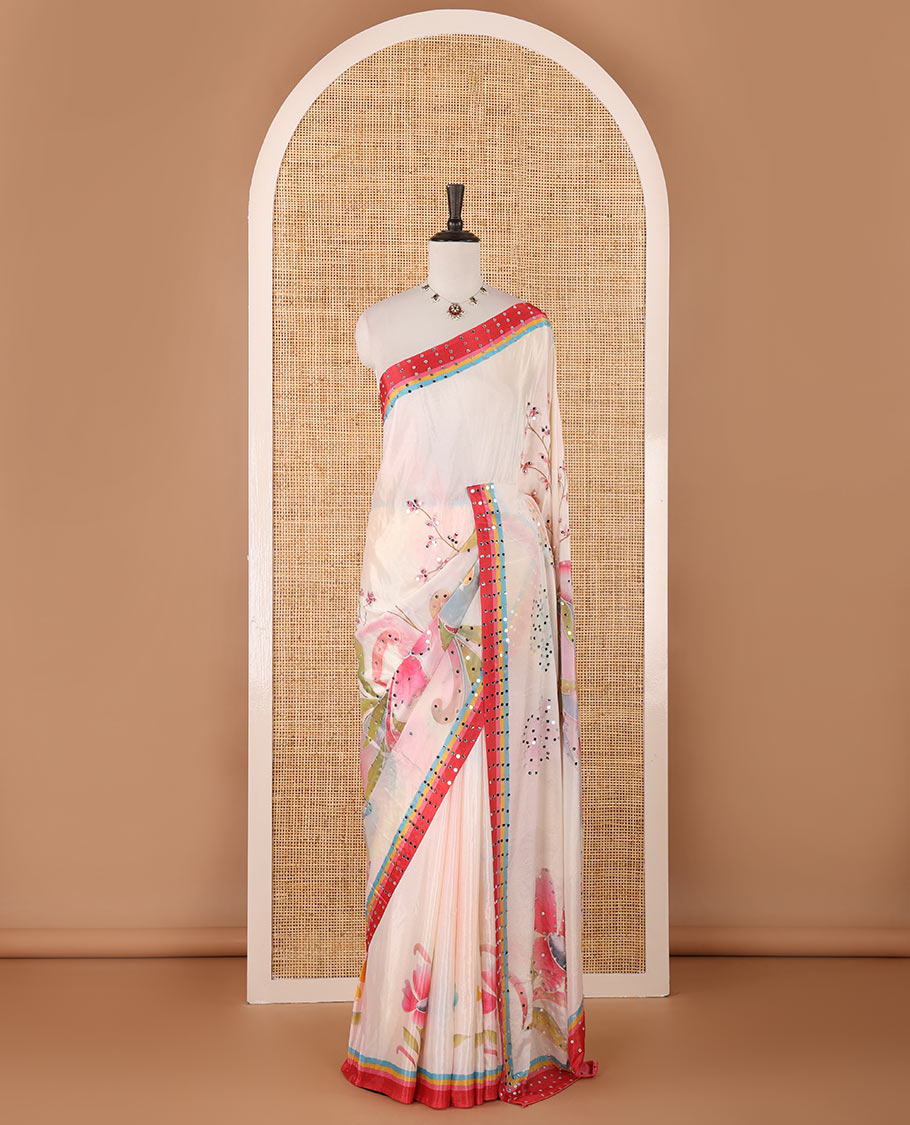Cream floral printed, mirror work masakali saree with printed, mirror work border & printed pallu along with plain blouse