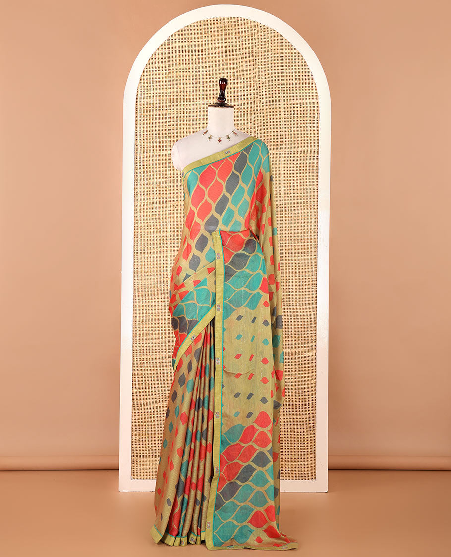 Parrot green digital print chiffon shimmer saree with lace border & self pallu along with printed blouse