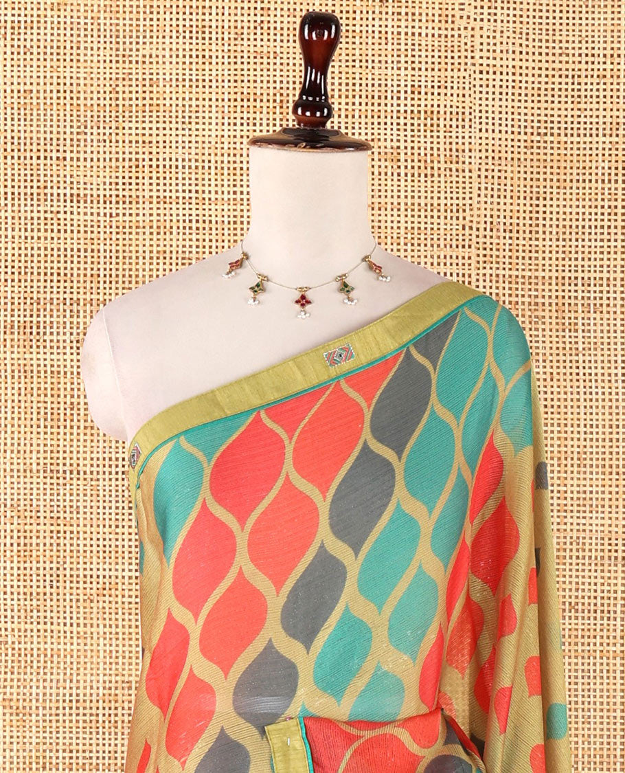 Parrot green digital print chiffon shimmer saree with lace border & self pallu along with printed blouse