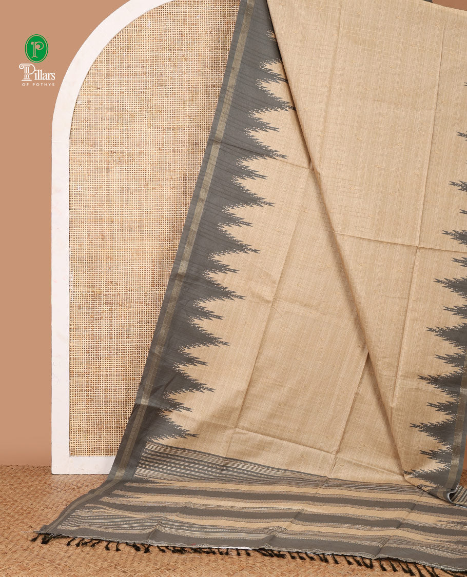 Cream small butta design kathan silk saree with contrast temple border & striped, temple design pallu along with striped blouse