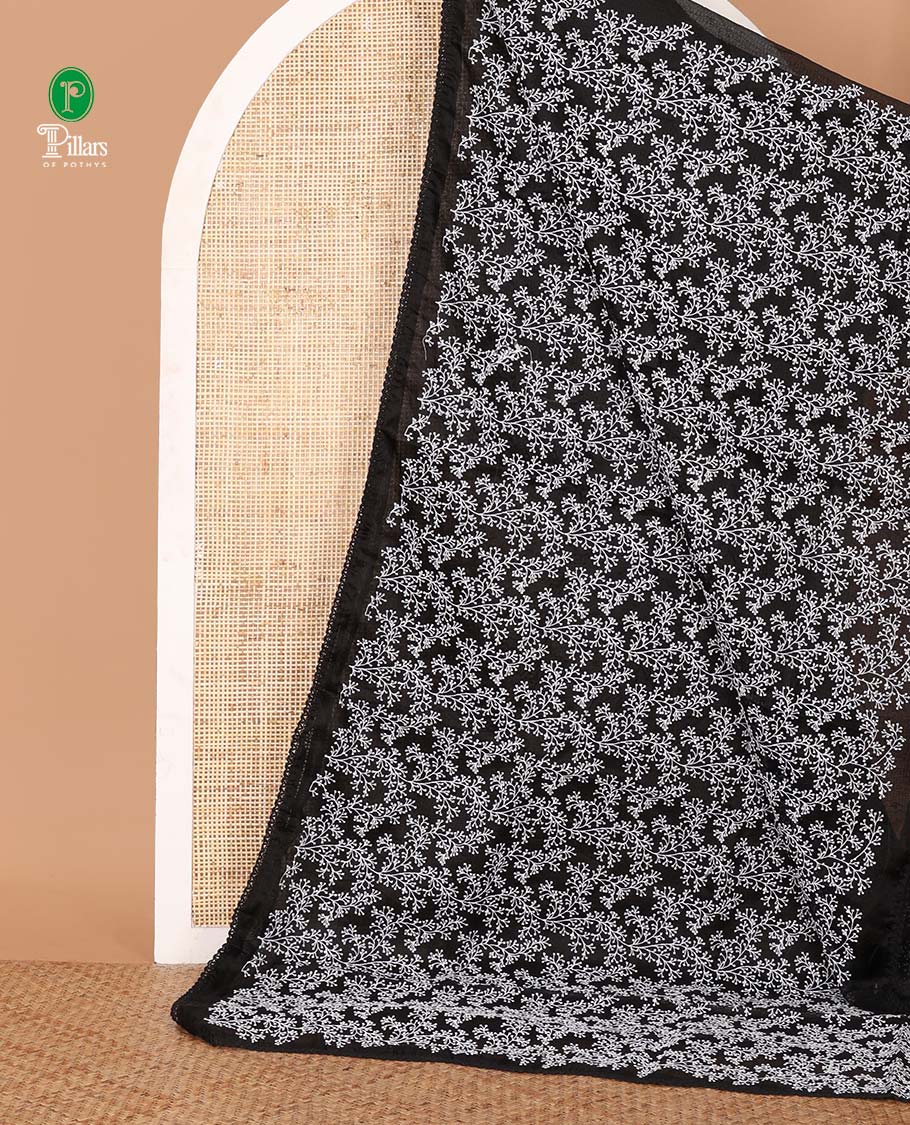 Black chikankari-style floral thread embroidery kota checks saree with lace border & plain black lace border blouse