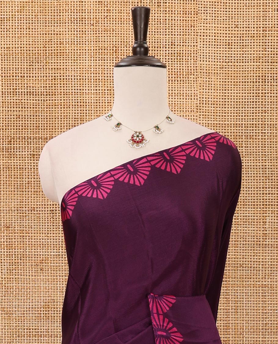 Violet plain design Turkey crepe saree, triangle motif printed border, leaf-like shape printed pallu & printed blouse