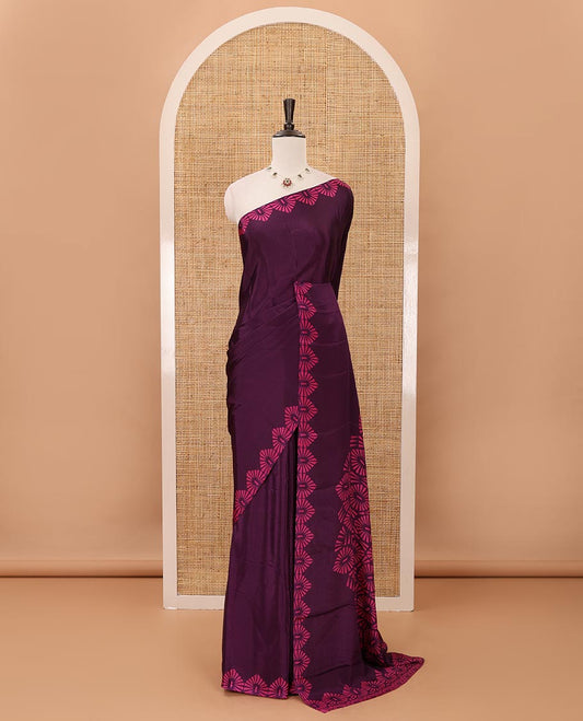 Violet plain design Turkey crepe saree, triangle motif printed border, leaf-like shape printed pallu & printed blouse