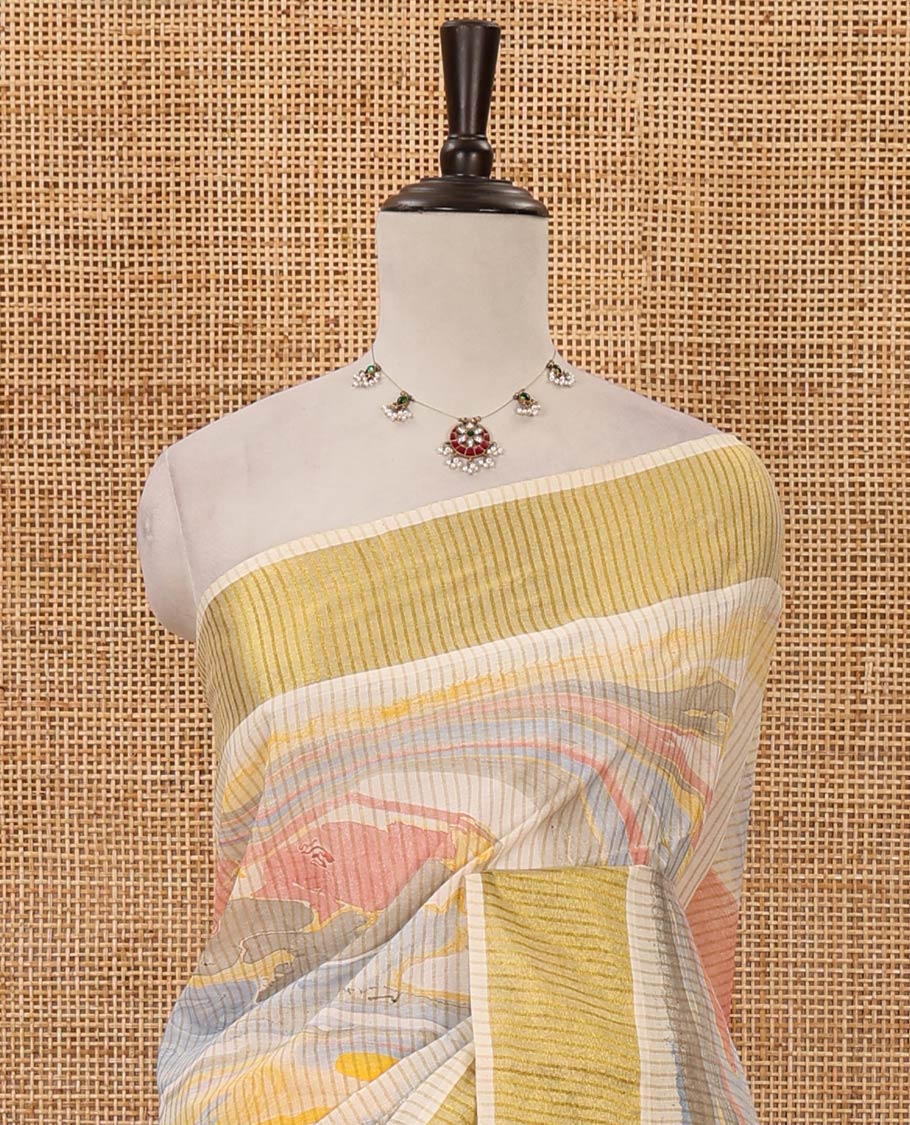 Cream-base stripes & abstract printed sungudi cotton saree, gold zari border, striped pallu & matching striped blouse