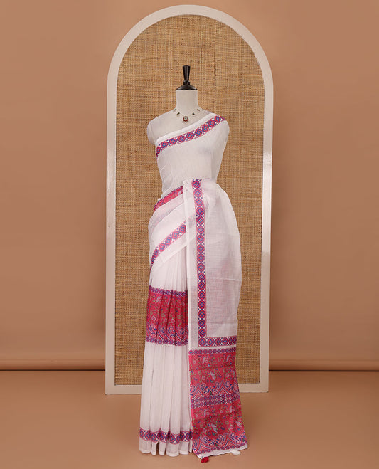 White half-plain & half-printed linen cotton saree, pink-color diamond-patterned border, kalamkari-style flora-fauna printed pallu & diamond jaal printed blouse