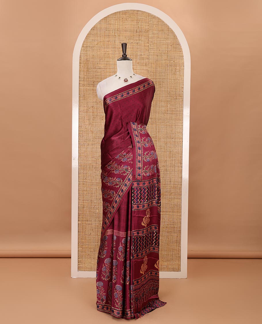 Purple handblock-style dots & floral digital printed skirt-border gajji silk saree, floral-geometric print pallu & matching chevron printed blouse