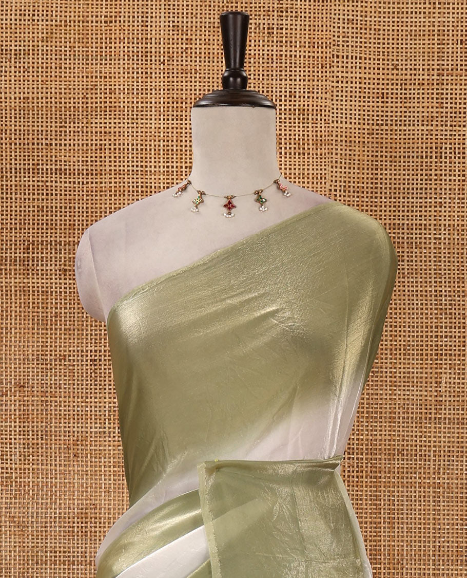 Borderless green tie-dye-style printed fendy satin saree, self-pallu with tassels & plain blouse