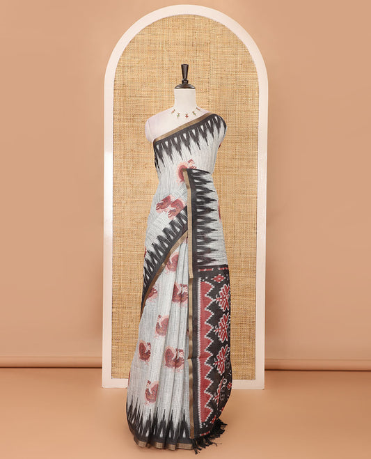 Silver annam motif printed linen cotton saree, contrast zari piping temple border, pochampally ikkat-style pallu & contrast plain blouse